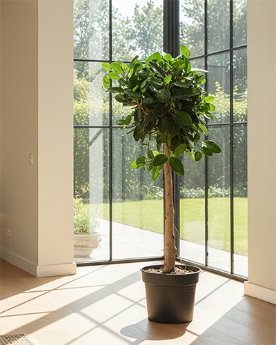 Ficus benghalensis en pot, tronc élancé et feuillage dense, placé près d’une grande fenêtre lumineuse.